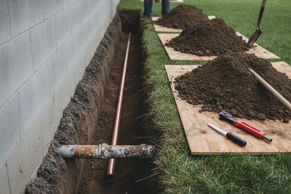 Excavated water line trench during Water Heater Repair in Stockdale